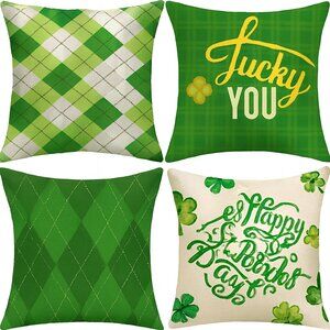 St. Patty’s Day 18x18 Pillow Covers – Green Plaid, Shamrock, Gnome – Set of 4